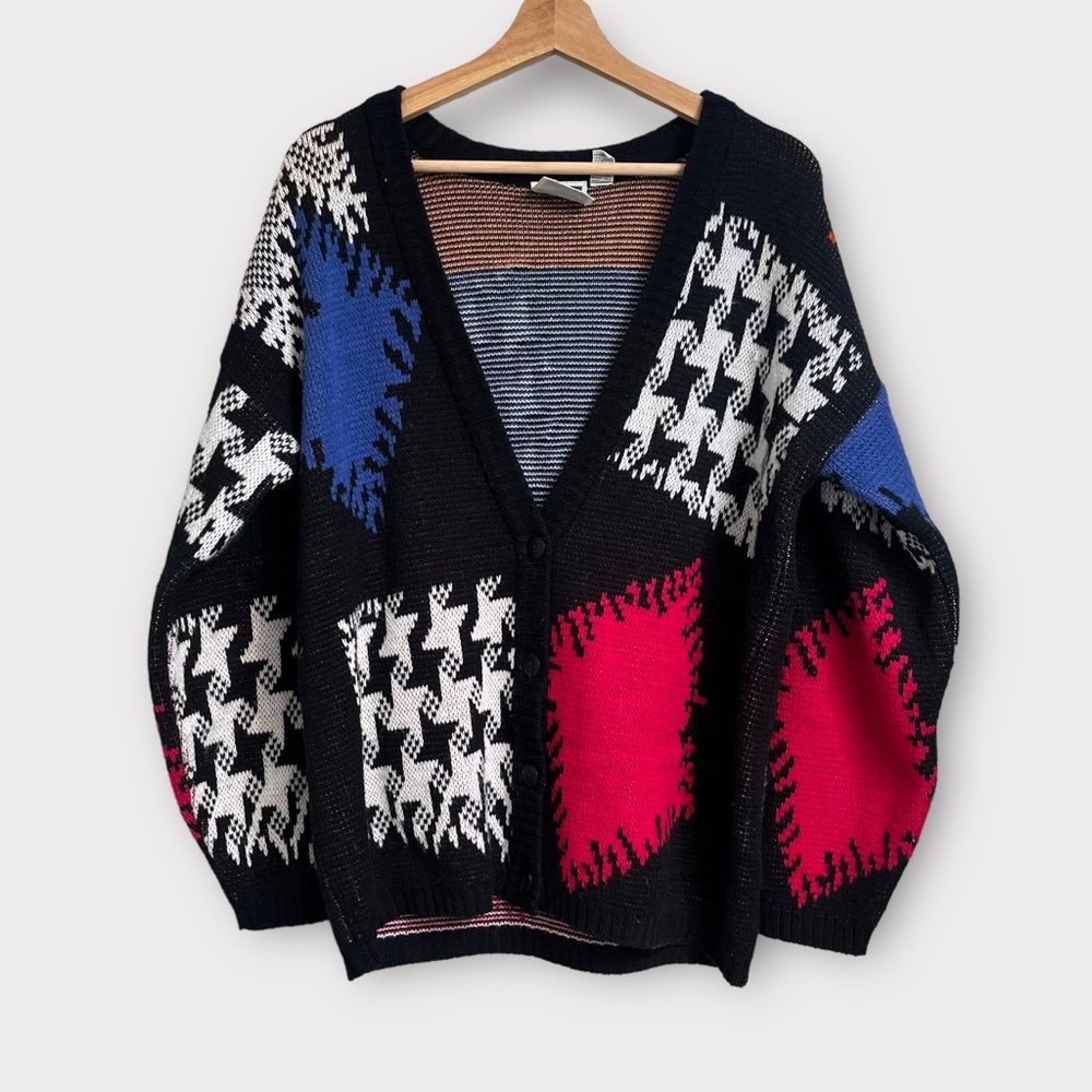Vintage Abstract Patterned Patchwork Chunky Knit … - image 1